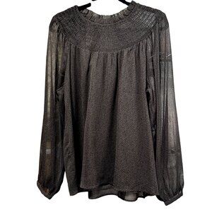Loft Sheer Black Smocked Yoke Long-Sleeve Blouse With Subtle Print Size Large
